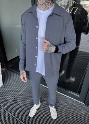 Льняной мужской костюм брюки+рубашка жатка темно-серый графит2 фото