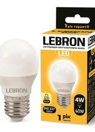 Led лампа lebron l-g45, 4w, е27, 3000k, 320lm, кут 240 °