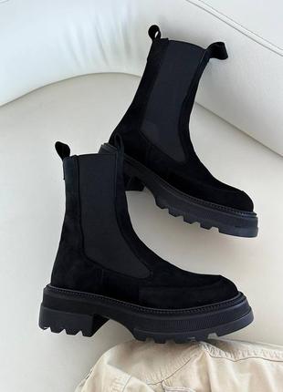 Стильные черные челси женские,чоботы, демисезон,зима, осенние, веселые, зимние, замшевые/замша-женская обувь