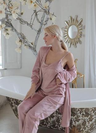 Осіння жіноча піжама для дому велюр трійка (халат, штани, футболка)