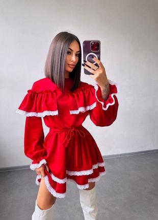 Пишна міні-сукня декорована мереживом в романтичному червоному кольорі ❤️2 фото