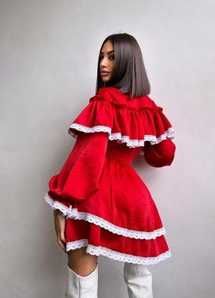 Пишна міні-сукня декорована мереживом в романтичному червоному кольорі ❤️5 фото