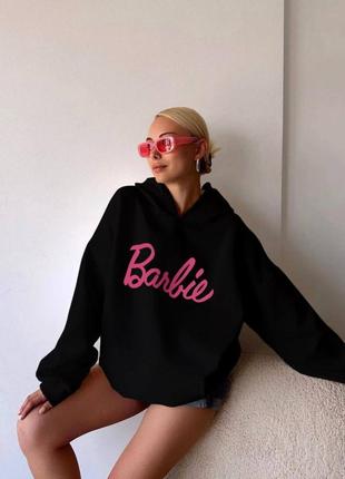 Базовий теплий худі оверсайз з трендовим написом «barbie»💗7 фото
