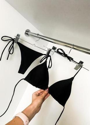 Черный раздельный сексуальный купальник шторки с чашками на завязках стринги бикини