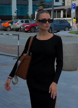 Жіноча облягаюча сукня з довгим рукавом з розрізом чорна міді в рубчик жіноче  плаття футляр в обтяжку3 фото