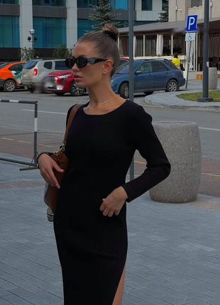 Жіноча облягаюча сукня з довгим рукавом з розрізом чорна міді в рубчик жіноче  плаття футляр в обтяжку4 фото