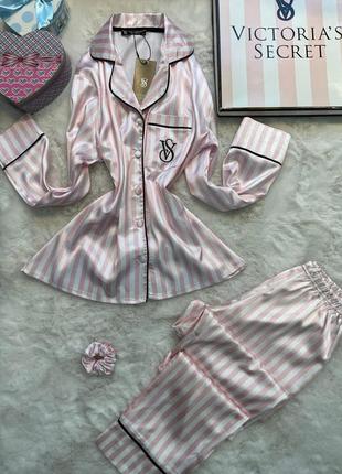 Женская шелковая розовая полосатая пижама vs viktoria's secret рубашка брюки шелковая пижама домашний костюм5 фото