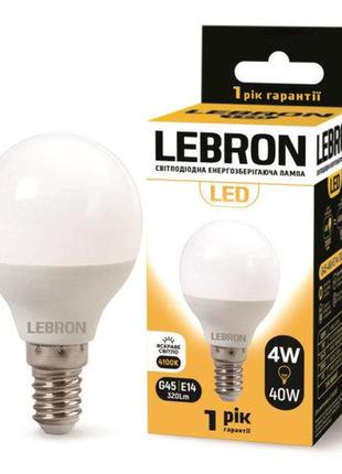 Led лампа lebron l-g45, 4w, е14, 4100k, 320lm, угол 240 °