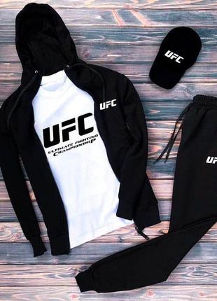 Костюм юфс ufc кофта зіппер на блискавці з капюшоном футболка з принтом нашивкою штани на манжетах комплект білий чорний сірий чоловічий натуральний6 фото