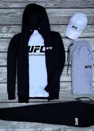 Костюм юфс ufc кофта зіппер на блискавці з капюшоном футболка з принтом нашивкою штани на манжетах комплект білий чорний сірий чоловічий натуральний10 фото