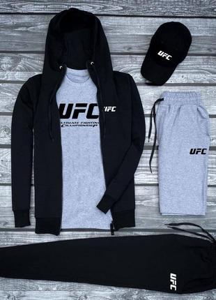 Костюм юфс ufc кофта зіппер на блискавці з капюшоном футболка з принтом нашивкою штани на манжетах комплект білий чорний сірий чоловічий натуральний5 фото