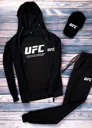 Костюм юфс ufc кофта зіппер на блискавці з капюшоном футболка з принтом нашивкою штани на манжетах комплект білий чорний сірий чоловічий натуральний7 фото