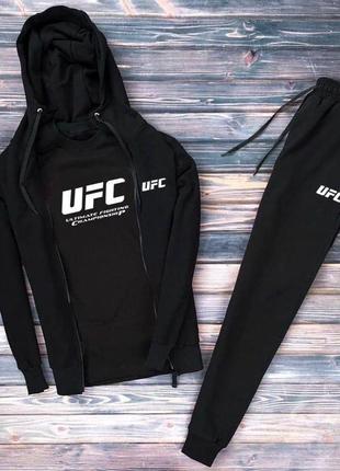 Костюм юфс ufc кофта зіппер на блискавці з капюшоном футболка з принтом нашивкою штани на манжетах комплект білий чорний сірий чоловічий натуральний3 фото