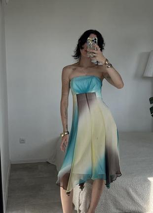 Вінтажна кольорова корсетна сукня бандо з градієнтом з натурального шовку7 фото