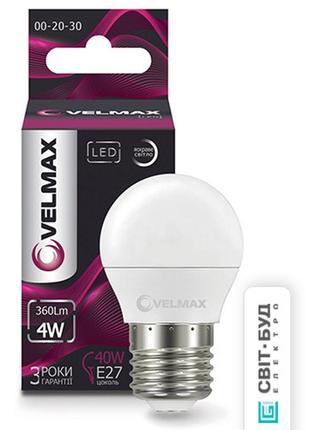 Led лампа velmax v-g45, 4w, e27, 4100k, 360lm, угол 220 °