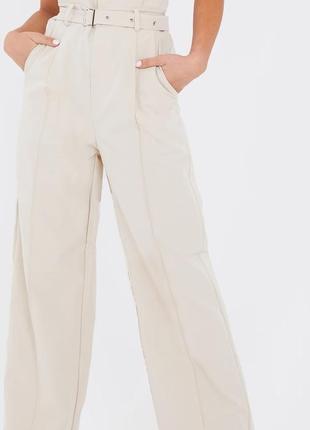 Широкие бежевые брюки палаццо с поясом plt🔥4 фото