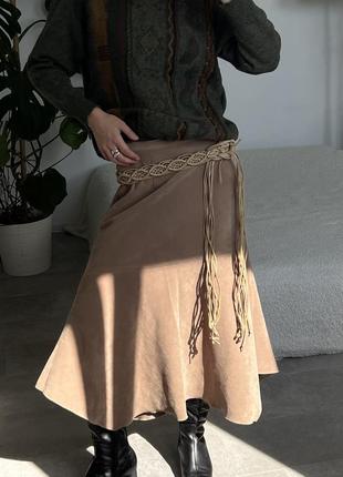 Роскошная базовая длинная бежевая юбка клеш под замшу, винтаж.5 фото