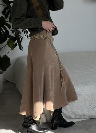 Роскошная базовая длинная бежевая юбка клеш под замшу, винтаж.8 фото