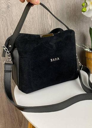 Женская мини сумочка на плечо натуральная замша + эко черная кожа (1162)8 фото