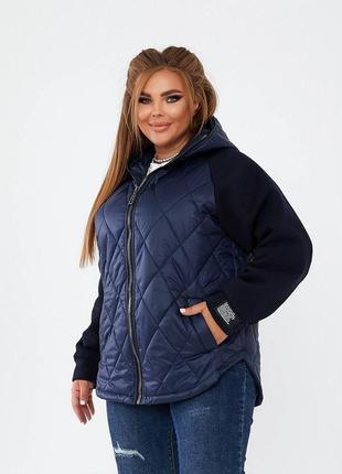 Женская демисезонная куртка батал комбинированная с капюшоном синяя6 фото