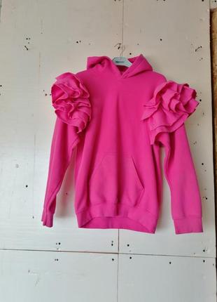 Кофта худи світшот на флісі яскраво-рожевого кольору фуксія малина з крилами воланами рюшами