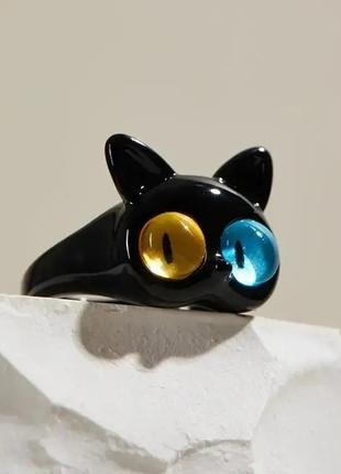 Кольцо кот с желто-голубыми глазами2 фото