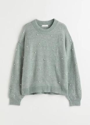 Шерстяной мирер с жемчужинами джемпер с бусинами h&m zara шерстированной свитер с бусинками с декором мятной свитер новейший2 фото