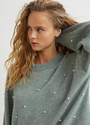 Шерстяной мирер с жемчужинами джемпер с бусинами h&m zara шерстированной свитер с бусинками с декором мятной свитер новейший