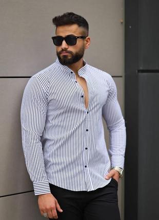 Классическая мужская приталенная рубашка в полоску хлопок2 фото