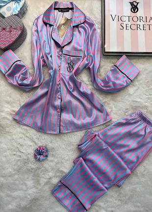 Женская шелковая голубая розовая полосатая пижама vs viktoria's secret рубашка брюки шелковая пижама домашний9 фото