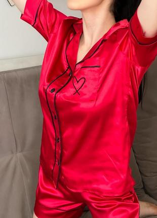 Женская красная шелковая пижама vs  victoria's secret домашний костюм шёлк рубашка шорты9 фото