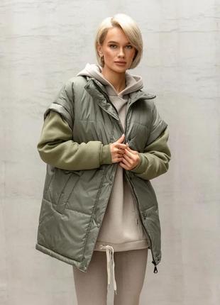 Тепла жіноча куртка-жилетка трансформер з поясом оверсайз синтепух 42-52 розміри різні кольори