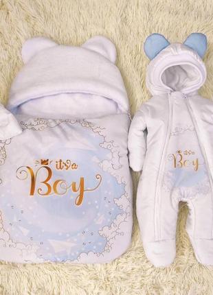 Зимовий комбінезон + спальник для немовлят хлопчиків, принт boy, білий з блакитним