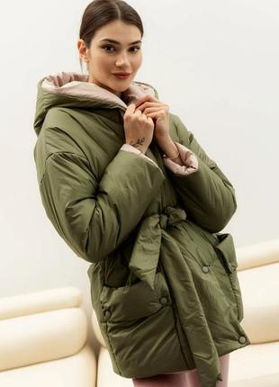 Женская куртка двухсторонняя с оверсайз поясом синтепух 42-52 размеры разные цвета7 фото