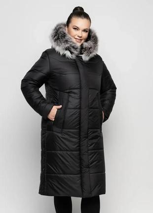 Зимнее черное женское пальто из плащевки, р 48-58