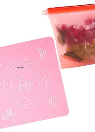 Комплект антипригарный коврик 2life для выпечки, раскатки теста розовый и силиконовый пищевой судок (vol-599)