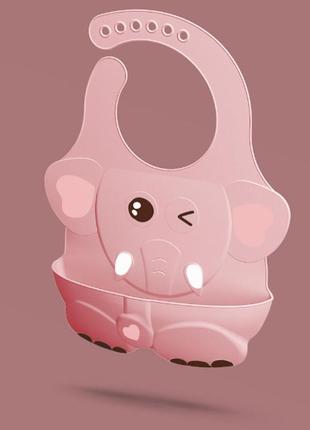Слюнявчик силіконовий дитячий 4d слоник 32,5х24 см рожевий4 фото