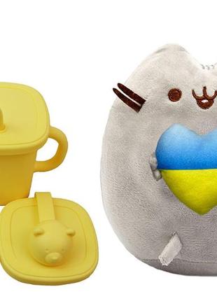 М'яка іграшка pusheen cat s&t із серцем, поїльник-непроливайка мішка силіконовий жовтий