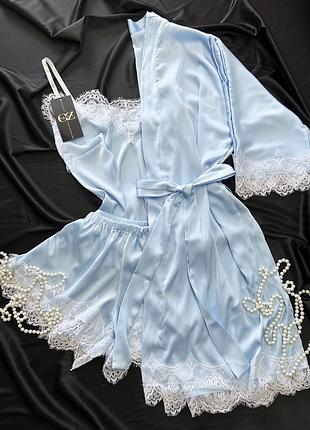 Шелковый домашний комплект шортики+майка+халат шелк тройка голубой