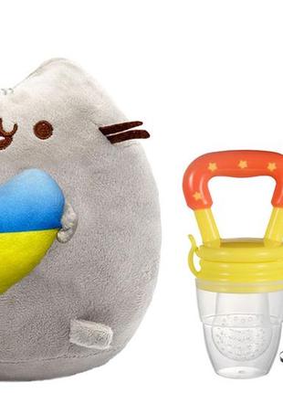 Мягкая игрушка pusheen cat с сердцем,ниблер силиконовый с насадками и цепочкой держателем желтый (n-10586)