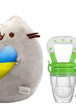 М'яка іграшка pusheen cat s&t із серцем, ніблер силіконовий з насадками і ланцюжком зелений