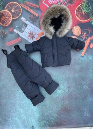 Зимний детский костюм с натуральным мехом енота курточка комбинезон