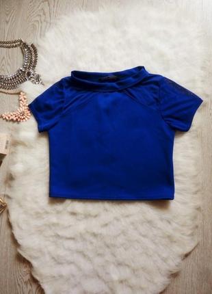 Синій кроп-топ коротка блуза із сіткою верхом miso синя ошатна футболка кольоровий1 фото