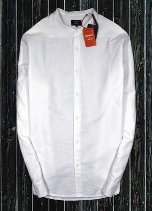 Белоснежная льняная рубашка с воротничком стойка от качественного дорогого бренда superdry