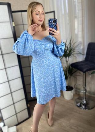 Платье миди с рукавами фонариками на резинке вырез декольте сердечко приталенное а силуэта батал большого размера чёрное мята белое голубое синее