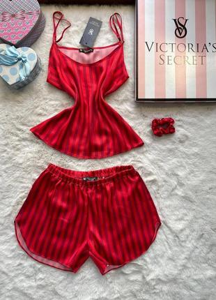 Красная полоска премиум-качественная сатиновая пижама майка и шорты.туречна1 фото