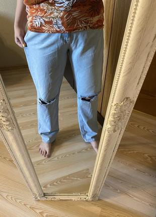 Модные широкие голубые джинсы на высокой посадке 50 р4 фото