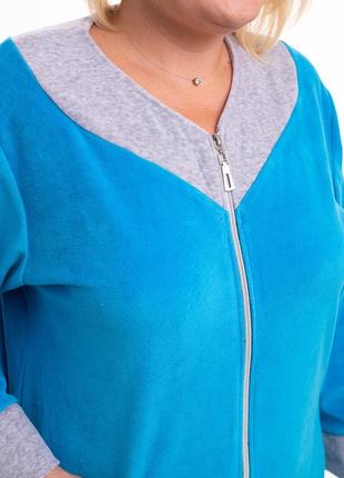 Женский велюровый халат с карманами на молнии, средней длины синий9 фото