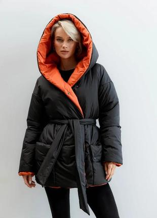 Женская куртка двухсторонняя с оверсайз поясом синтепух 42-52 размеры разные цвета1 фото
