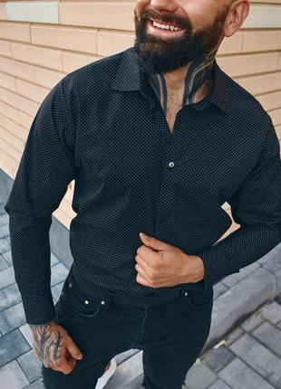 Рубашка мужская в горошек с длинным рукавом классическая повседневная as черная
